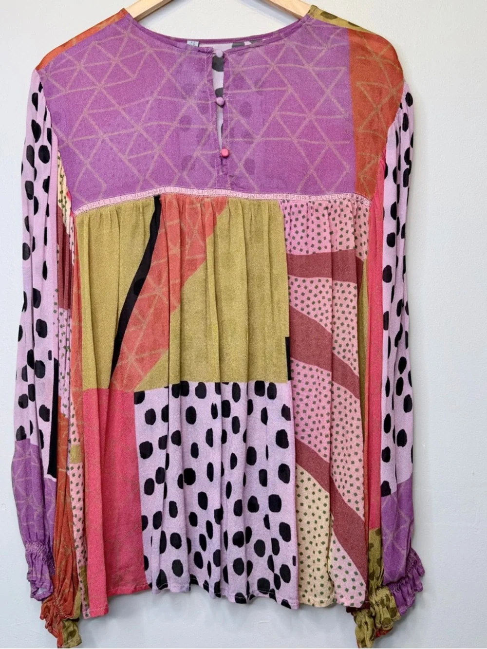 Blank London | Anthro Polka-Dot Patchwork Long Balloon Sleeve Oversized Blouse - Picture 5 of 15
